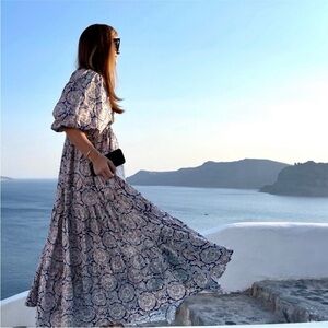 RARE CHUFY X MANGO Boho V-Neck Maxi Dress in Blush & Navy paisley medium